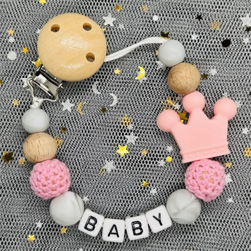 👑 Personalized Crown Pacifier Clip with Name — Silicone & Beechwood Beads, Baby Soother Holder