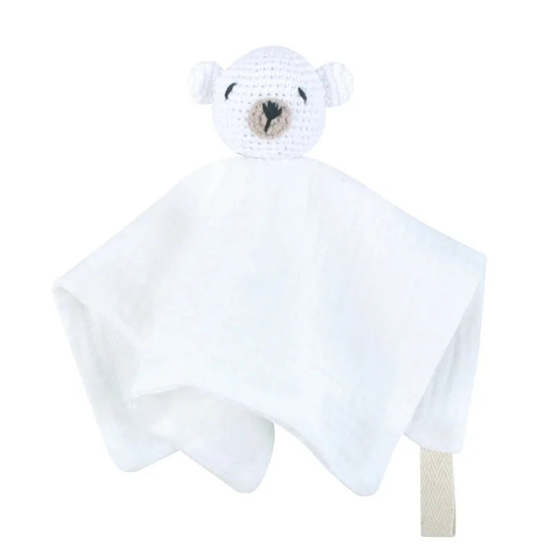 Cotton Comforter Blanket for Baby with Crocheted Bunny Rattle, Newborn Soothing Towel, Baby Security and Comfort Blanket, Sleepy Face Doll.