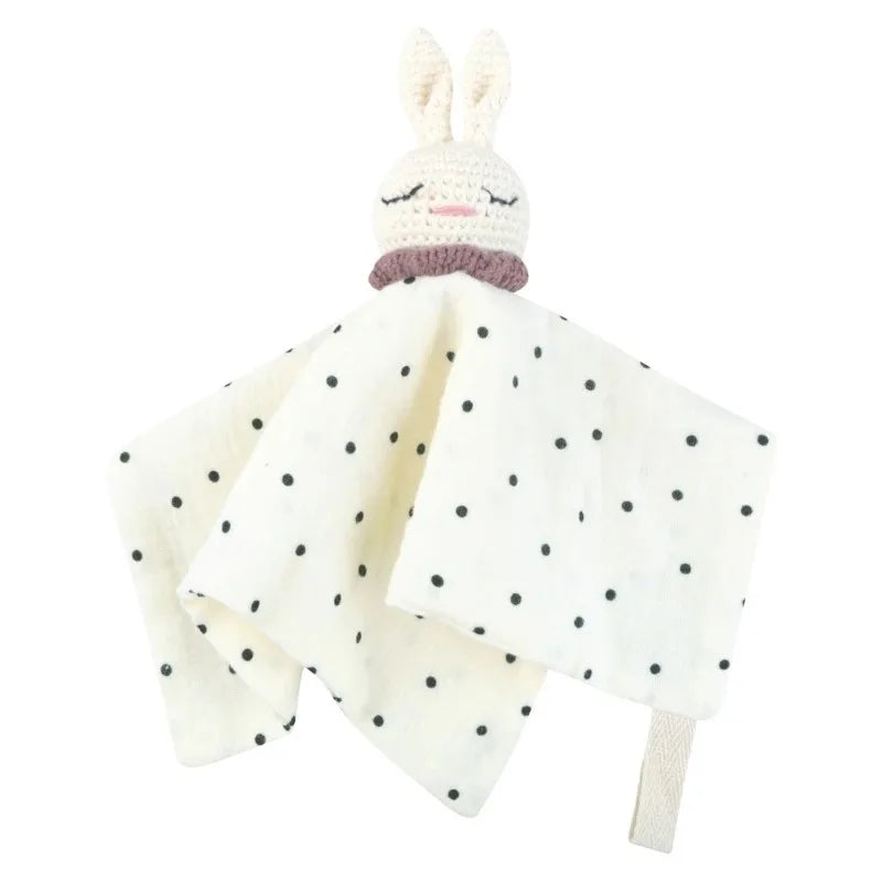 Cotton Comforter Blanket for Baby with Crocheted Bunny Rattle, Newborn Soothing Towel, Baby Security and Comfort Blanket, Sleepy Face Doll.