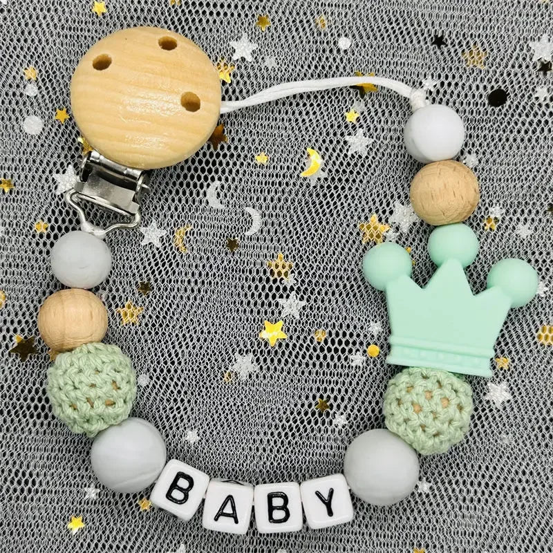 👑 Personalized Crown Pacifier Clip with Name — Silicone & Beechwood Beads, Baby Soother Holder