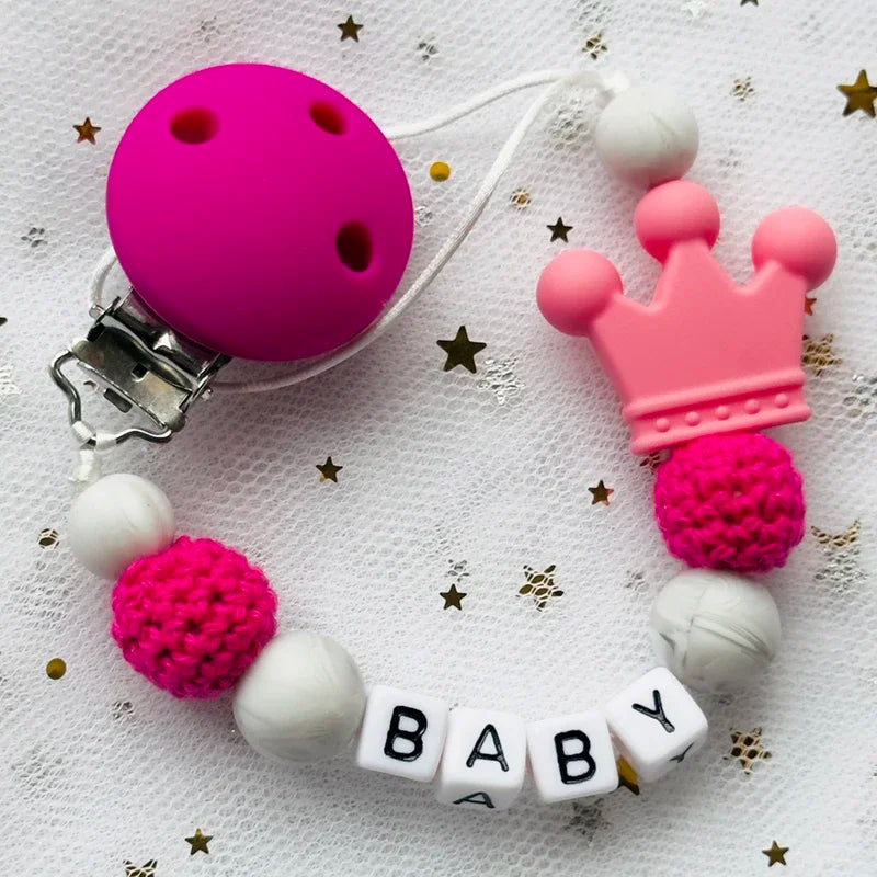 👑 Personalized Crown Pacifier Clip with Name — Silicone & Beechwood Beads, Baby Soother Holder