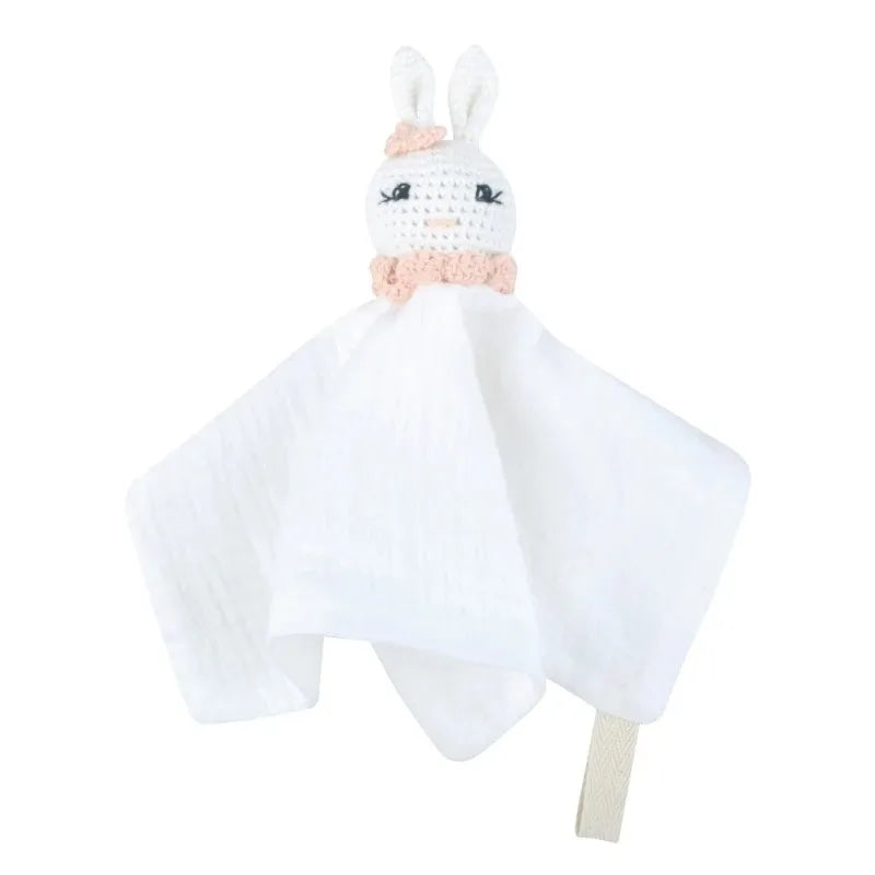 Cotton Comforter Blanket for Baby with Crocheted Bunny Rattle, Newborn Soothing Towel, Baby Security and Comfort Blanket, Sleepy Face Doll.