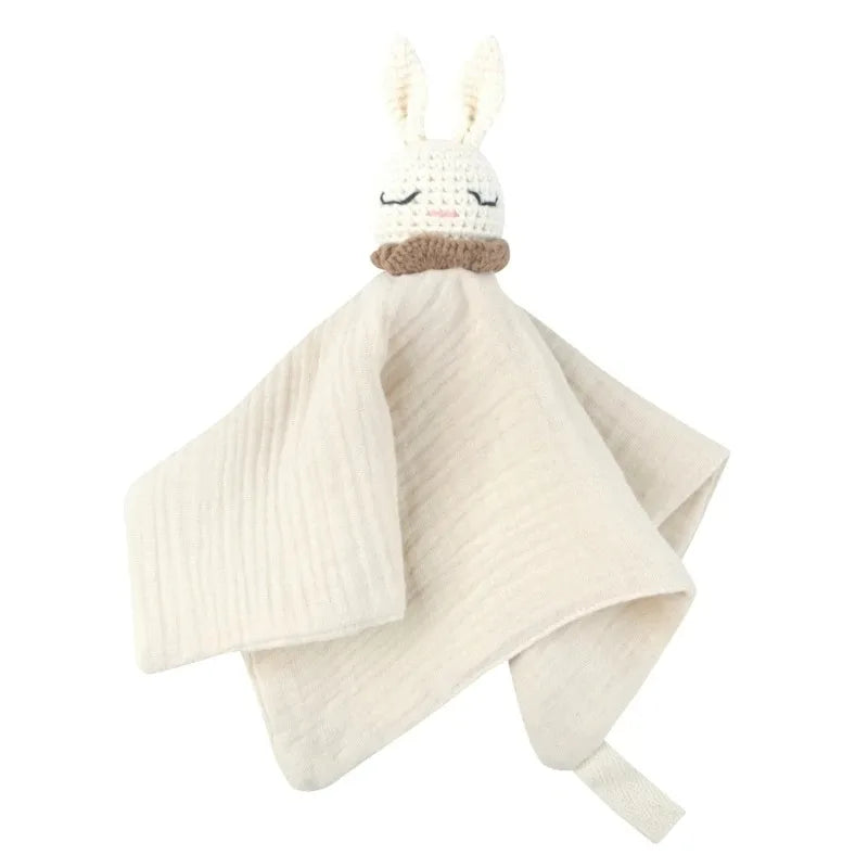 Cotton Comforter Blanket for Baby with Crocheted Bunny Rattle, Newborn Soothing Towel, Baby Security and Comfort Blanket, Sleepy Face Doll.