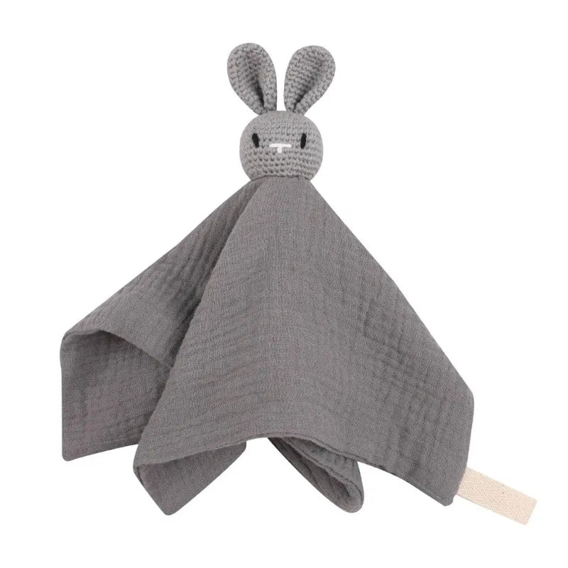Cotton Comforter Blanket for Baby with Crocheted Bunny Rattle, Newborn Soothing Towel, Baby Security and Comfort Blanket, Sleepy Face Doll.