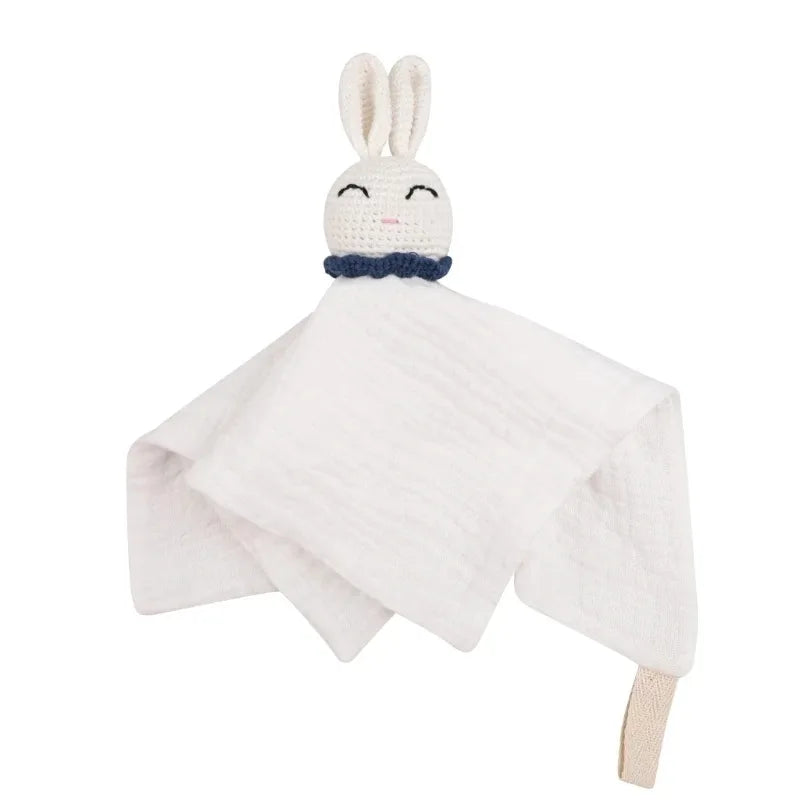 Cotton Comforter Blanket for Baby with Crocheted Bunny Rattle, Newborn Soothing Towel, Baby Security and Comfort Blanket, Sleepy Face Doll.