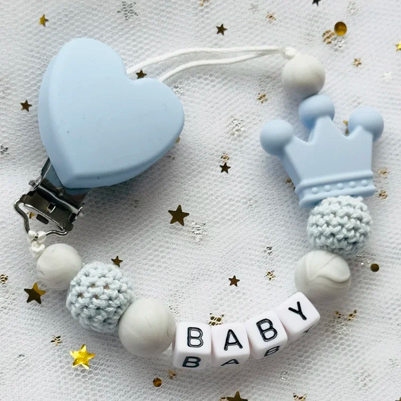 👑 Personalized Crown Pacifier Clip with Name — Silicone & Beechwood Beads, Baby Soother Holder