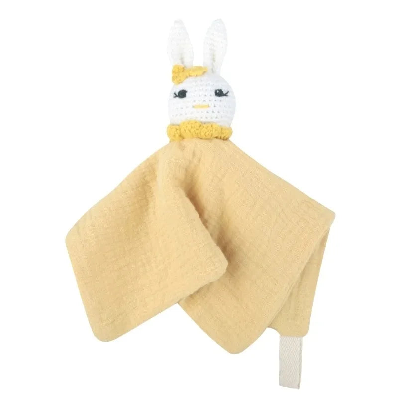 Cotton Comforter Blanket for Baby with Crocheted Bunny Rattle, Newborn Soothing Towel, Baby Security and Comfort Blanket, Sleepy Face Doll.