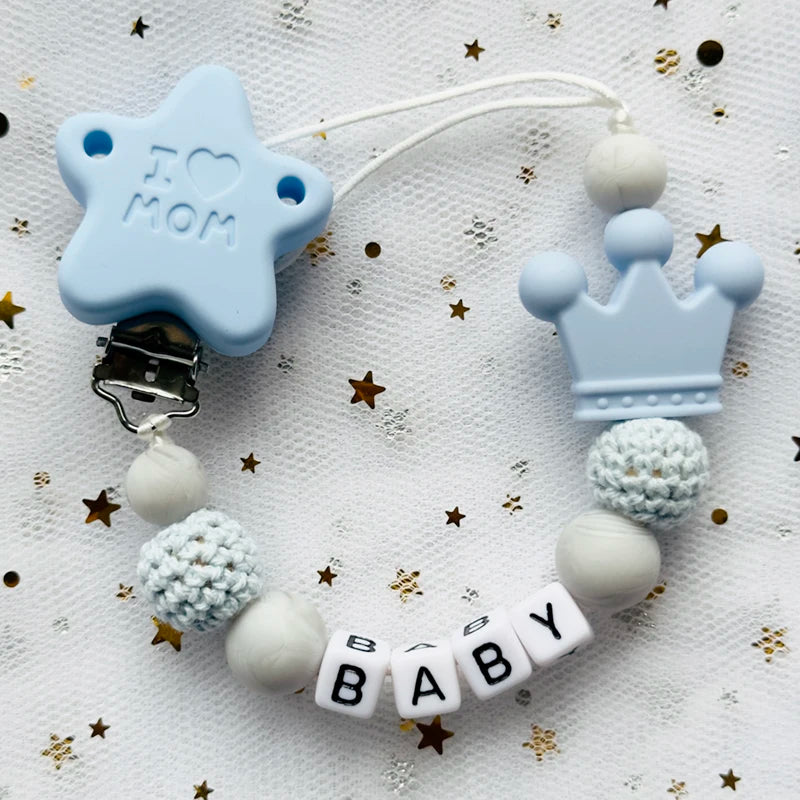 👑 Personalized Crown Pacifier Clip with Name — Silicone & Beechwood Beads, Baby Soother Holder