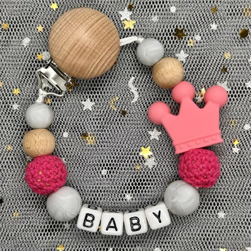 👑 Personalized Crown Pacifier Clip with Name — Silicone & Beechwood Beads, Baby Soother Holder