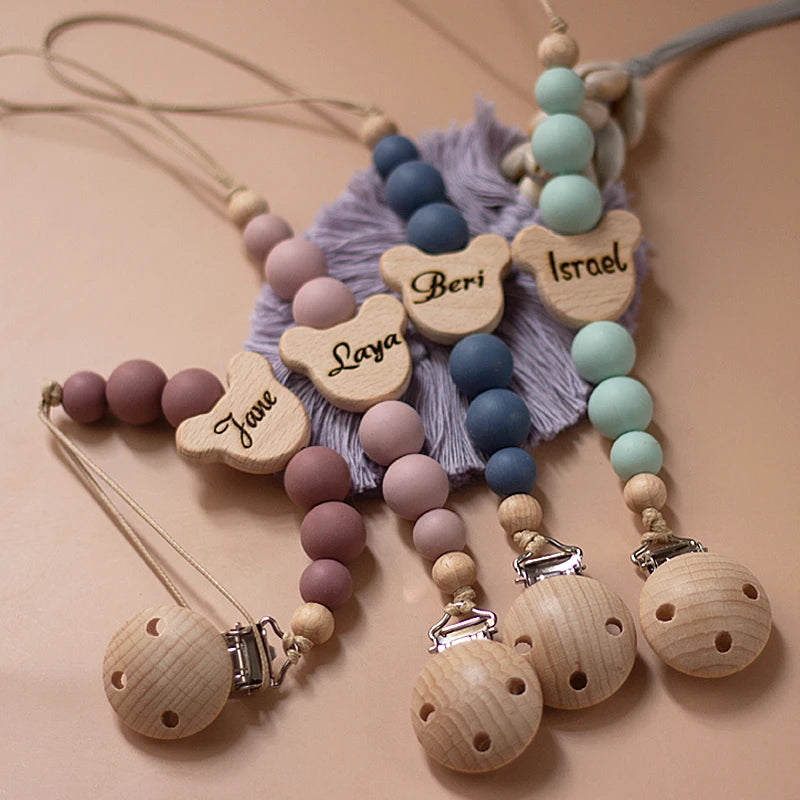🌿 Personalized Name Pacifier Clip — Silicone & Wooden Beads, Handmade Wooden Soother Holder, Baby Gift