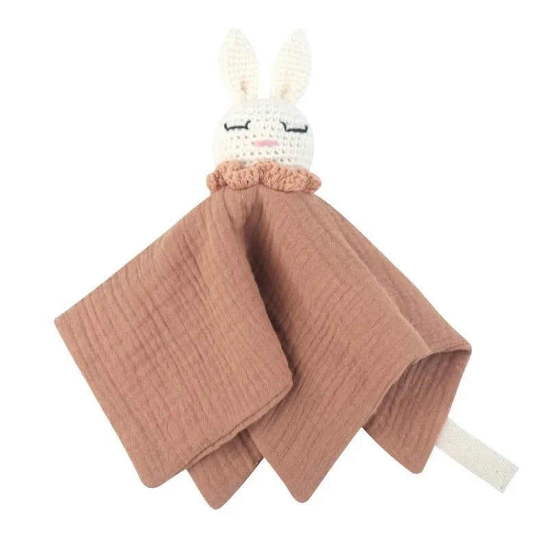 Cotton Comforter Blanket for Baby with Crocheted Bunny Rattle, Newborn Soothing Towel, Baby Security and Comfort Blanket, Sleepy Face Doll.