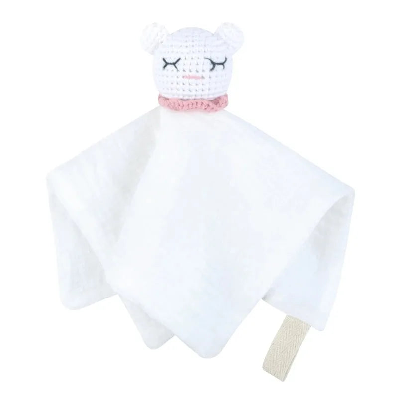 Cotton Comforter Blanket for Baby with Crocheted Bunny Rattle, Newborn Soothing Towel, Baby Security and Comfort Blanket, Sleepy Face Doll.