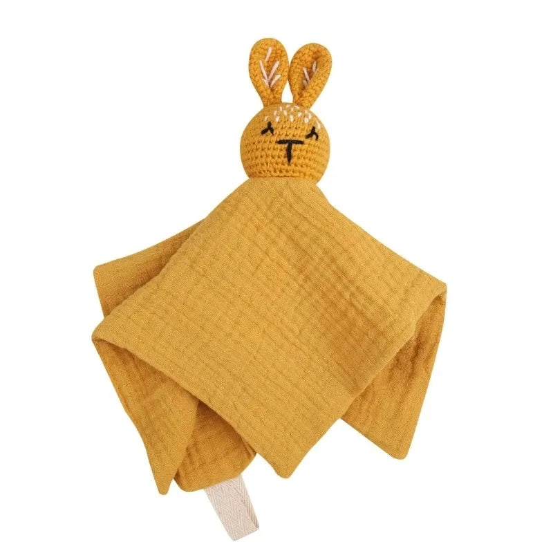 Cotton Comforter Blanket for Baby with Crocheted Bunny Rattle, Newborn Soothing Towel, Baby Security and Comfort Blanket, Sleepy Face Doll.