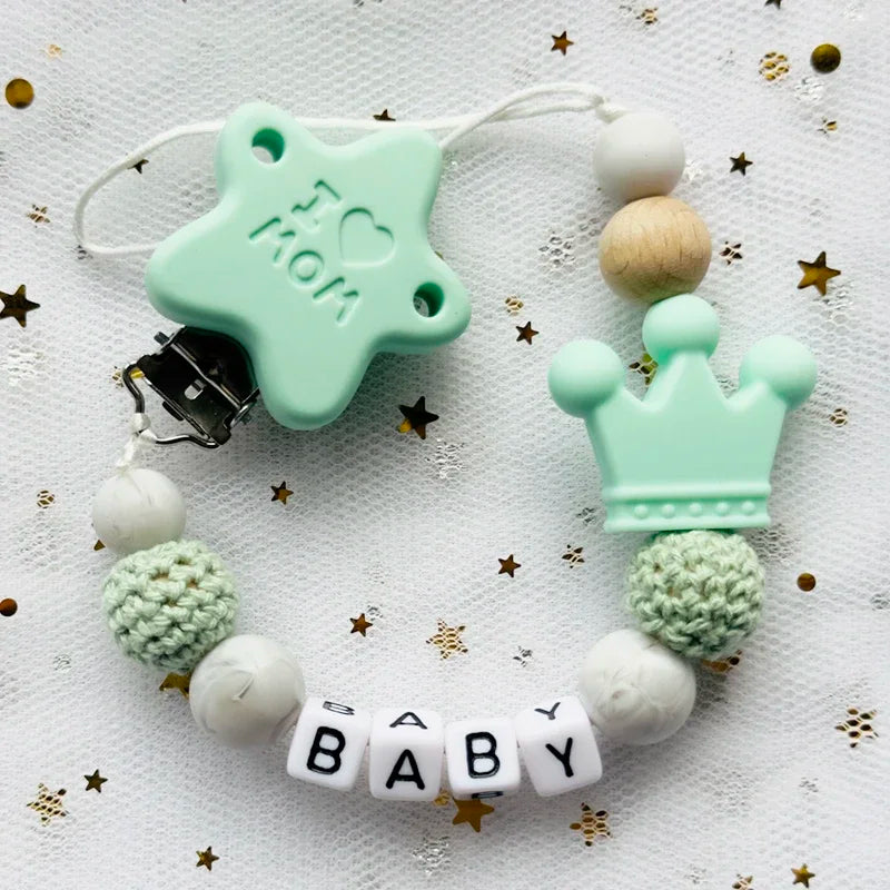 👑 Personalized Crown Pacifier Clip with Name — Silicone & Beechwood Beads, Baby Soother Holder