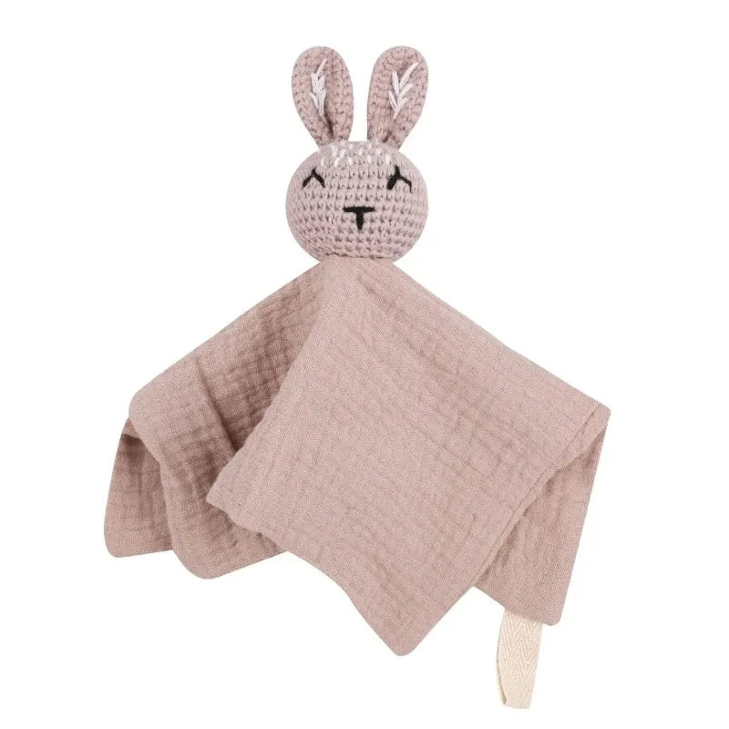 Cotton Comforter Blanket for Baby with Crocheted Bunny Rattle, Newborn Soothing Towel, Baby Security and Comfort Blanket, Sleepy Face Doll.